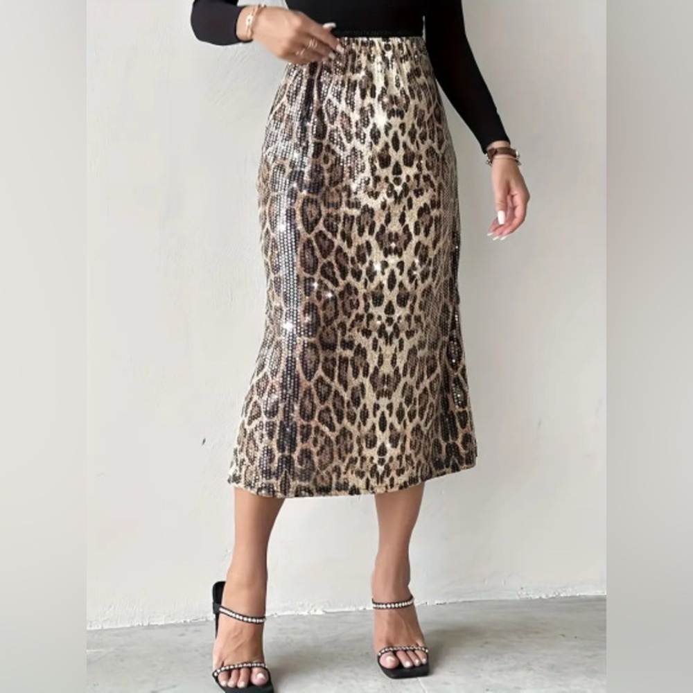 Sequin Leopard Midi Skirt